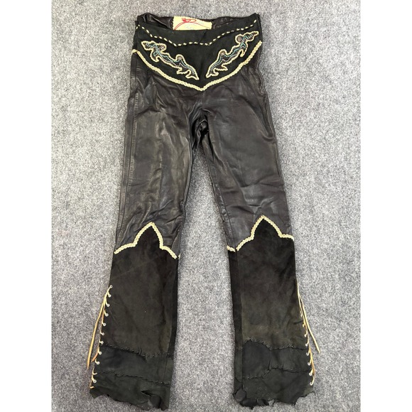 Michelle Julene Couture Pants - Michelle Julene Couture Leather Pants Concho Western Beaded Rare Boho Black VTG